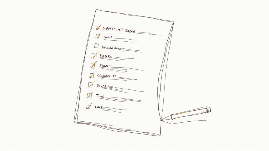 A hand-drawn checklist on a piece of paper with a pencil beside it. Most items are checked.