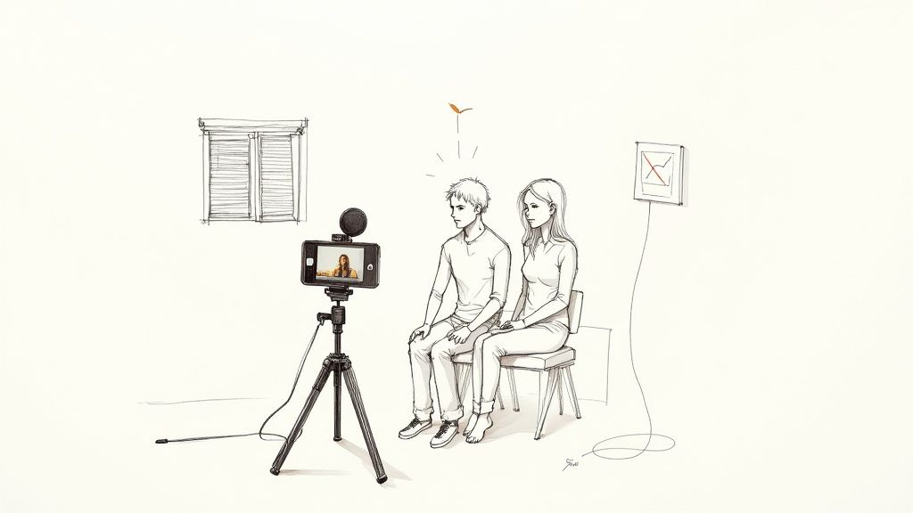 A couple sits for an interview, being recorded by a smartphone on a tripod, with a symbolic sprout above the man's head.