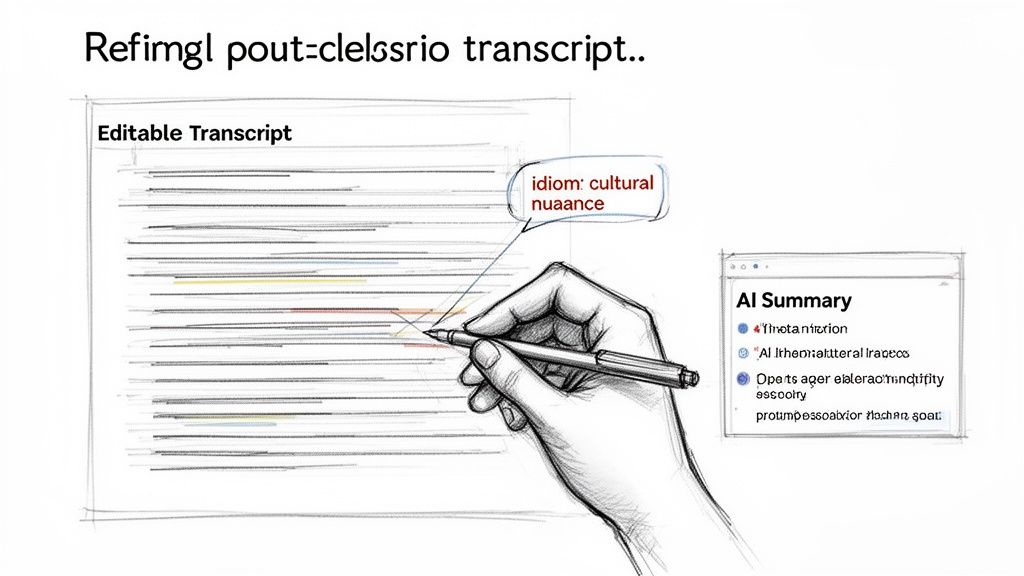 A hand editing an editable transcript document, highlighting a cultural idiom, with an AI summary panel.