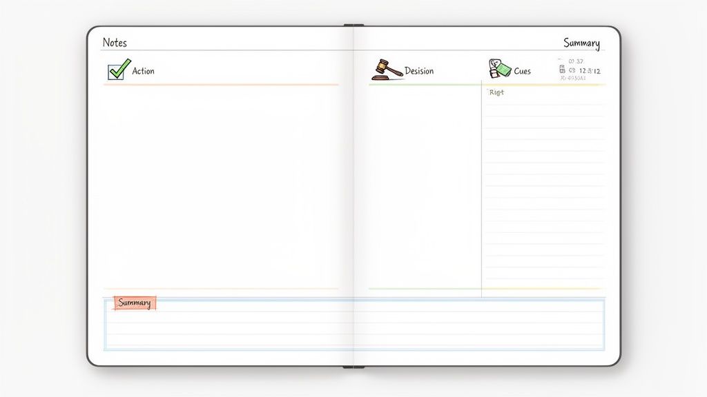 An open notebook displays a structured template for meeting minutes with sections for notes, actions, decisions, cues, and summary.