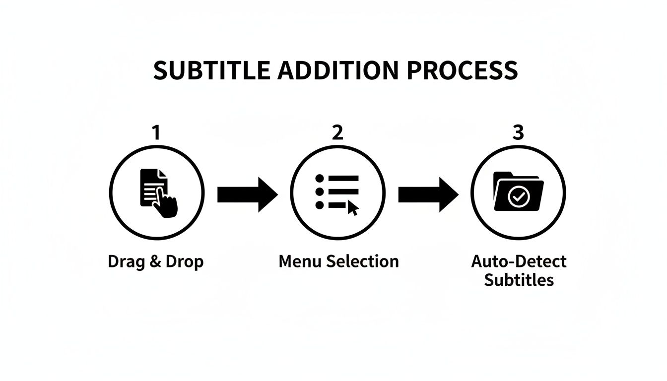 A three-step diagram showing the subtitle addition process: drag & drop, menu selection, and auto-detect.