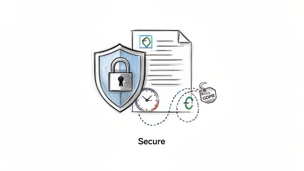 A graphic illustrating data security with a shield, padlock, document, clock, euro sign, and GDPR tag.