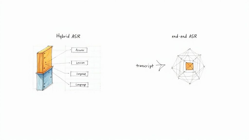 A person speaking into a microphone with soundwaves turning into text on a laptop screen