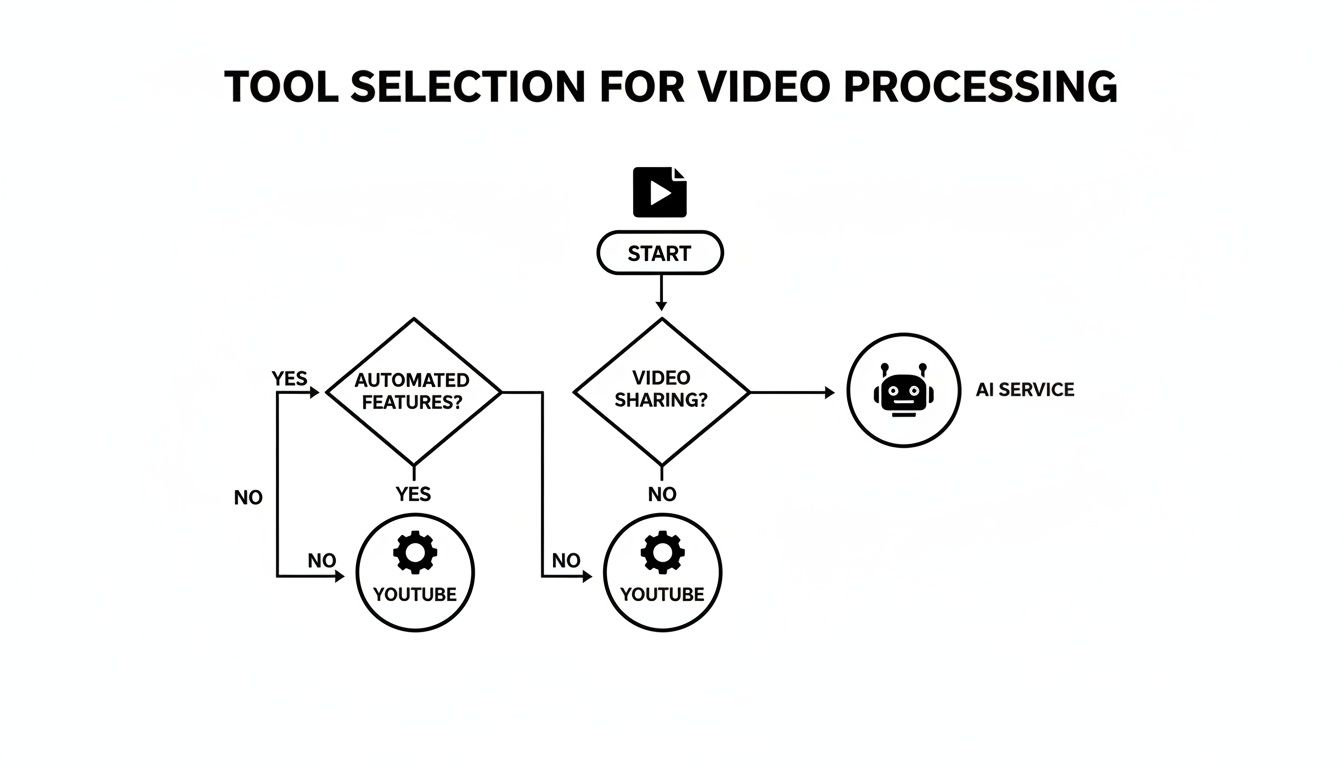 Flowchart illustrating tool selection for video processing, guiding users through video sharing and automated features decisions.