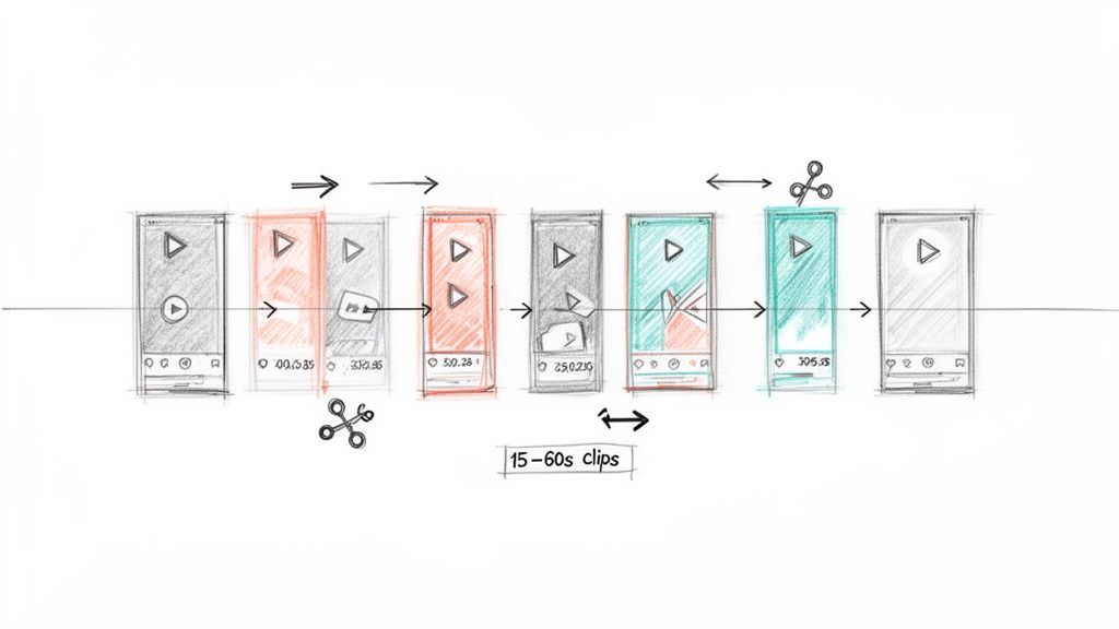 Sketch illustrating the process of breaking down a long video into shorter, 15-60 second clips for content repurposing.