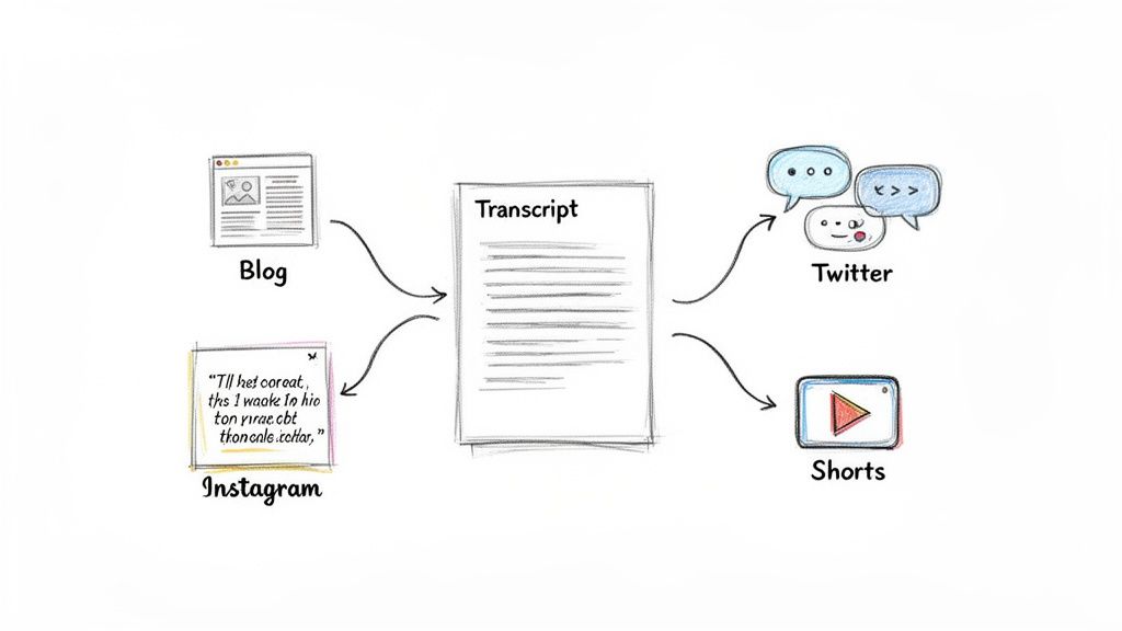 Diagram illustrating content repurposing: a transcript feeding into and from blog, Instagram, Twitter, and Shorts.