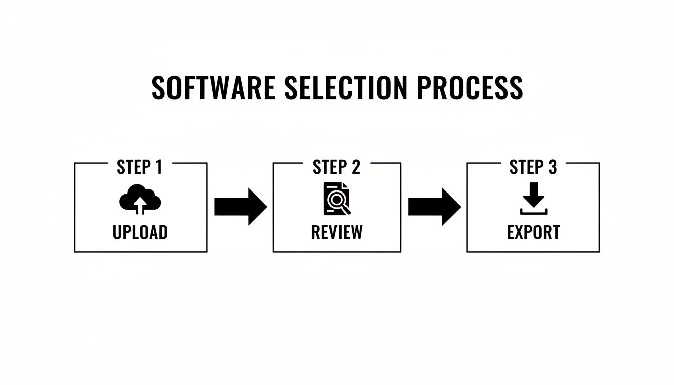 A diagram outlining a three-step software selection process: upload, review, and export.