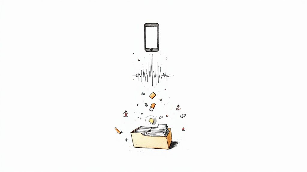 A smartphone converts voice memos into organized text and data, dropping into a file box.