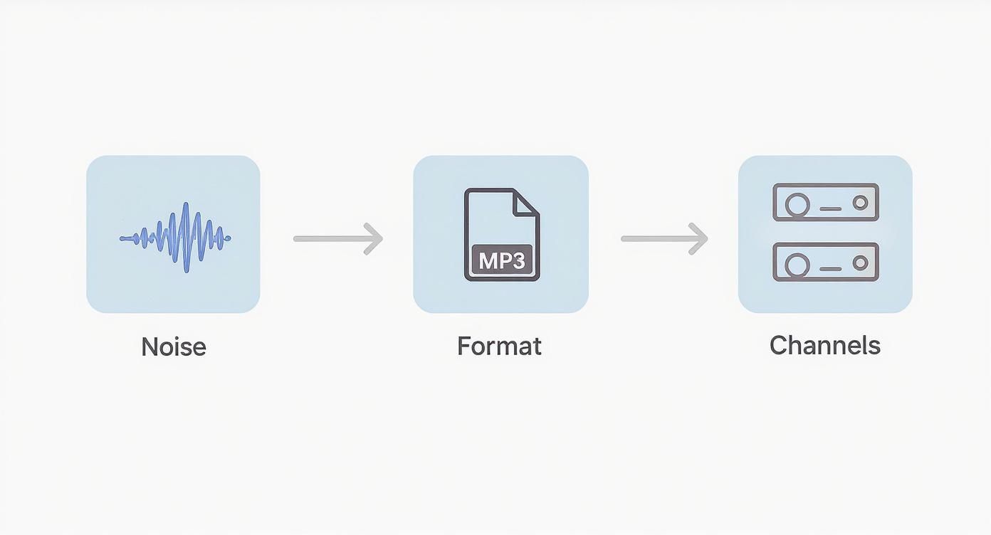 Infografía que muestra el proceso de preparación del audio: reducción de ruido, elección del formato de archivo correcto y consideración de los canales de audio.