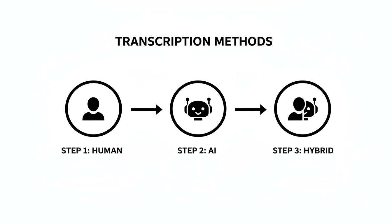 Flowchart showing three transcription methods: human, AI, and hybrid, as a sequential process.