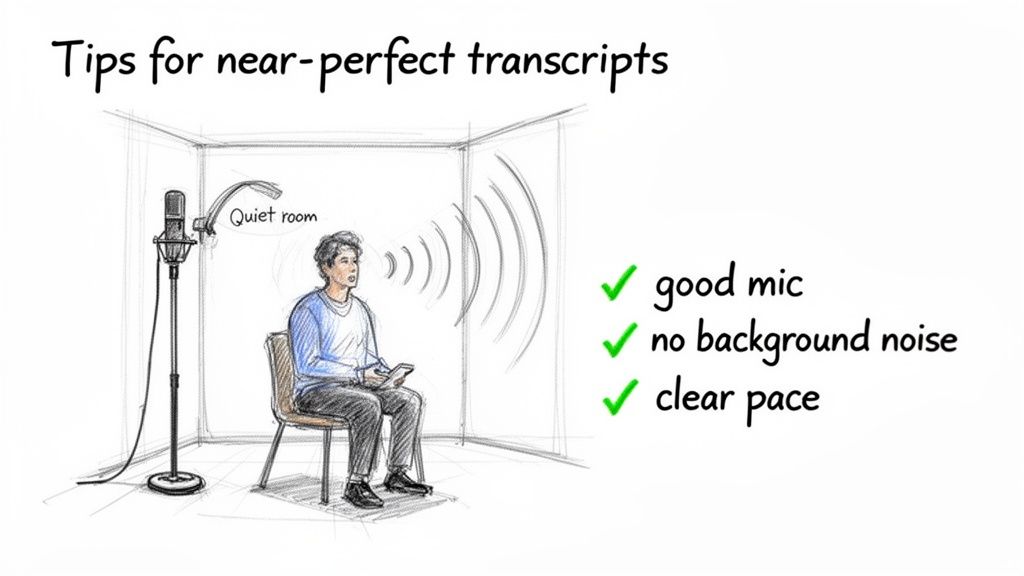 An illustration showing tips for near-perfect transcripts, including a good microphone, quiet room, and clear pace.