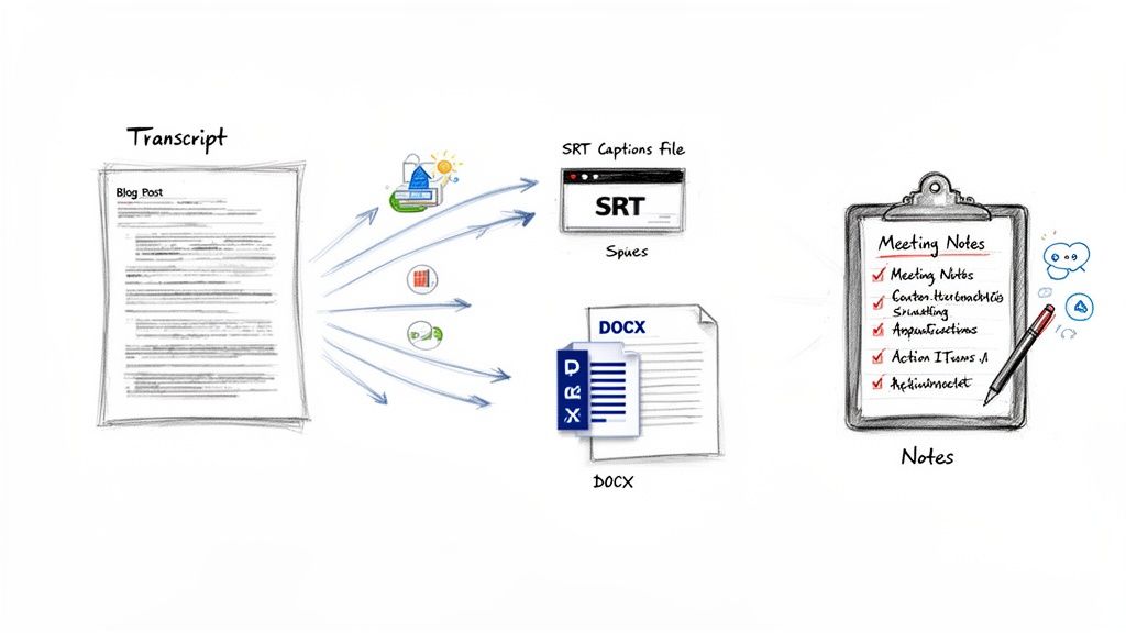 A diagram illustrating a blog post transcript generating SRT caption files, DOCX documents, and meeting notes.