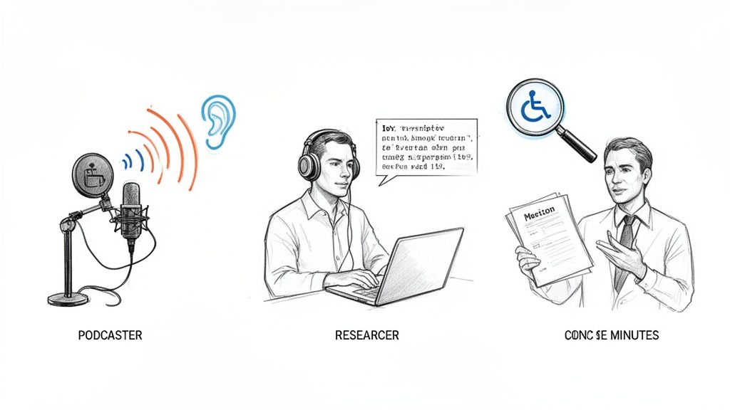 An illustration showing a podcaster recording, a researcher transcribing audio, and a person reviewing concise minutes for accessibility.