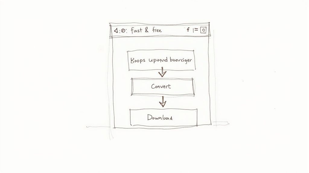 A hand-drawn sketch of a web interface illustrating a three-step file conversion process: input, convert, and download.