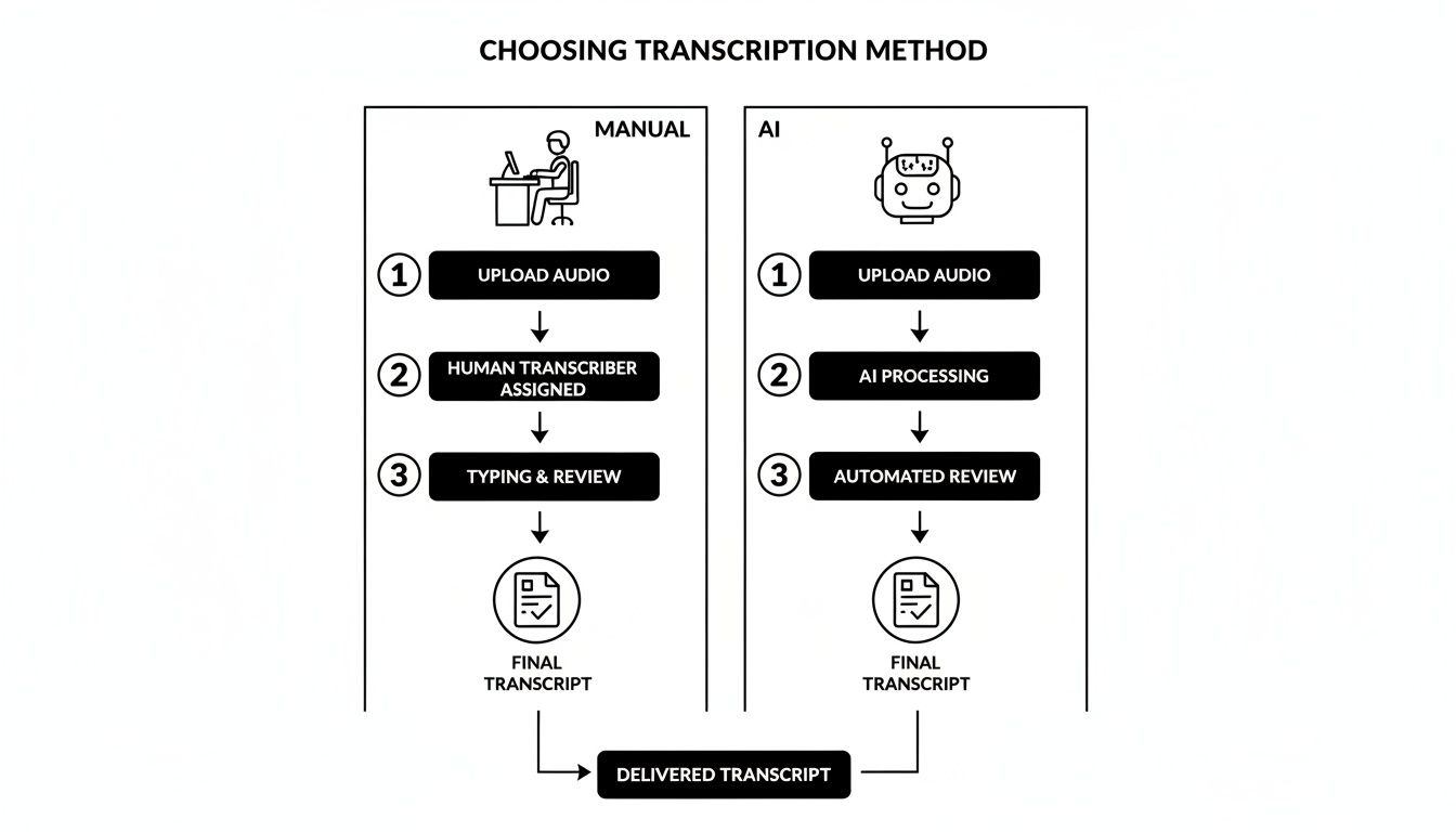 Flowchart comparing manual and AI transcription methods, detailing steps from audio upload to final delivery.
