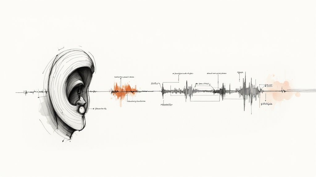 Detailed drawing of an ear connected to an annotated sound wave, illustrating speech analysis and transcription.