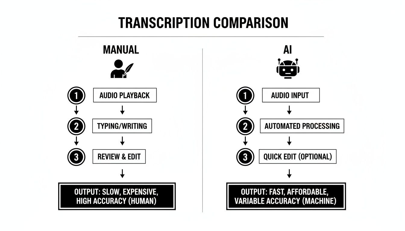 Comparison of manual versus AI transcription showing steps, inputs, and outputs for each method.