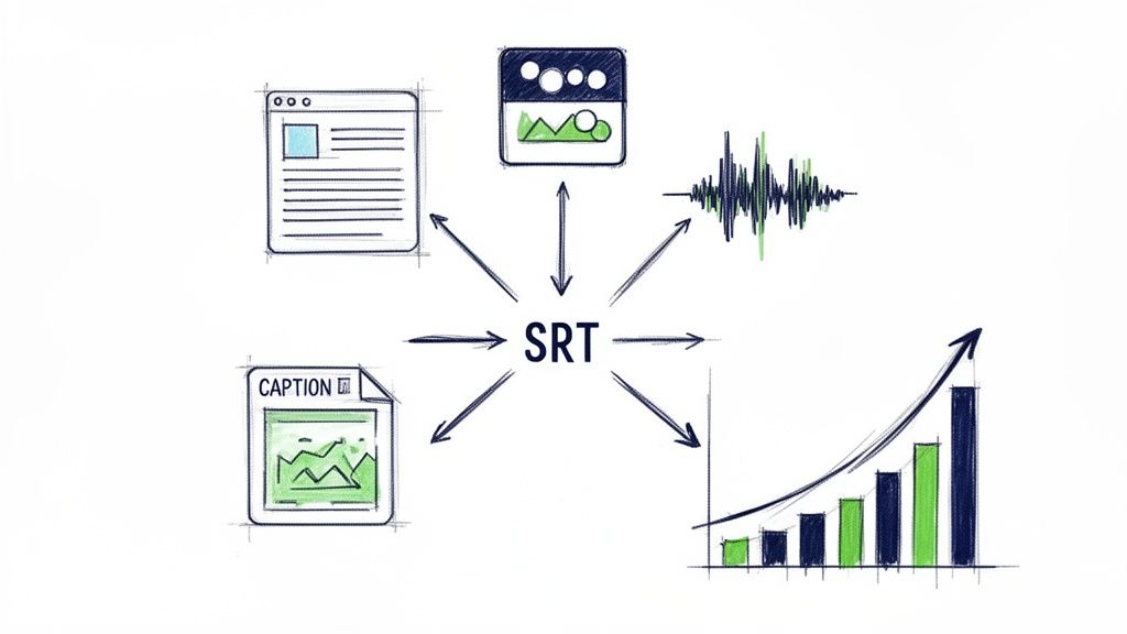 Diagram showing SRT file format interacting with text, media, audio waveforms, captions, and growth analytics.