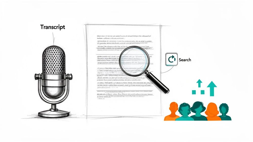 Illustration of audio transcription, search capabilities on transcripts, and positive audience impact.