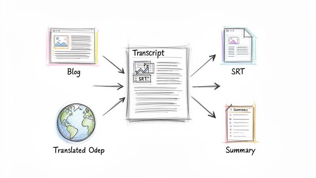Diagram showing inputs like blog and translated content generating a transcript, which then produces SRT files and summaries.