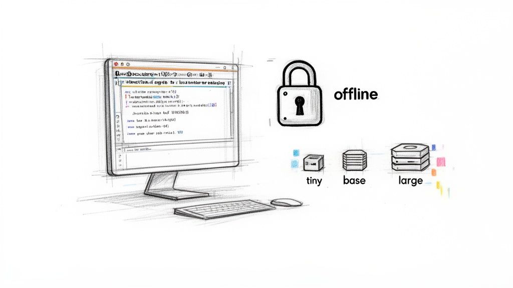 Sketch of a desktop computer with code, an 'offline' lock, and 'tiny', 'base', 'large' data storage options.