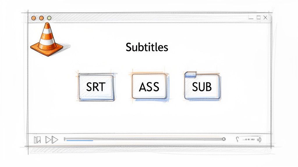 A sketch of a video player with a VLC cone icon and options for SRT, ASS, and SUB subtitles.
