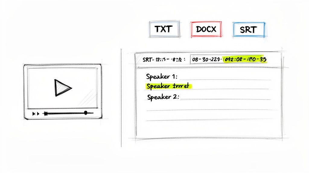 Hand-drawn sketch showing a video player next to a text transcription interface.