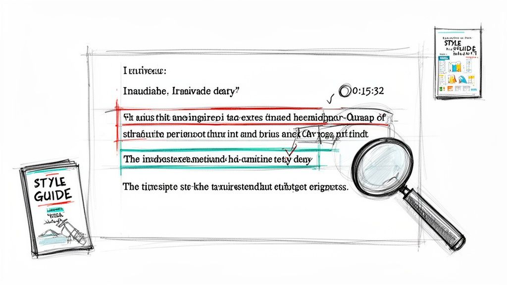 A sketch depicting an audio transcription with edits, style guides, a timer, and a magnifying glass.