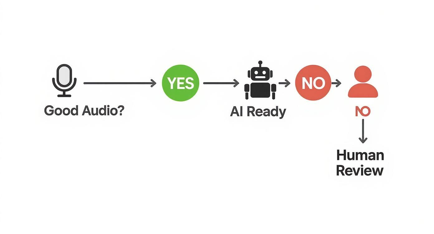 Flowchart illustrating an audio processing workflow, where good audio goes to AI and flagged audio goes to human review.