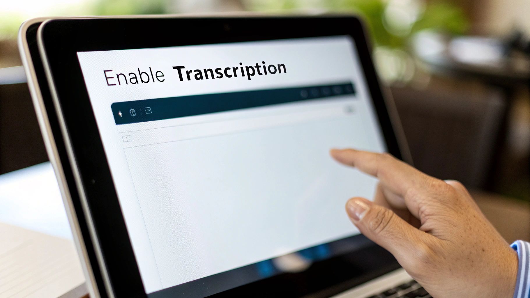 A person on a laptop, analyzing a document, representing the process of reviewing a Teams meeting transcript.