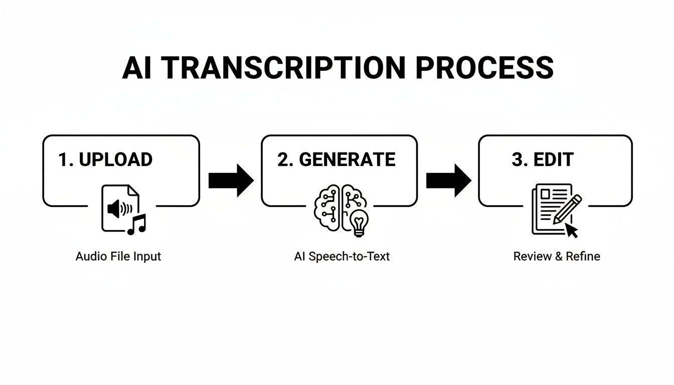 Visual guide to the AI transcription process, showing steps for uploading, generating, and editing audio.