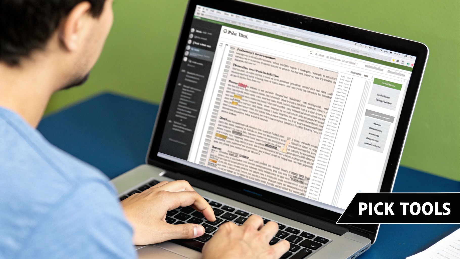 A person at a desk pointing at a laptop screen showing the Zoom settings page.