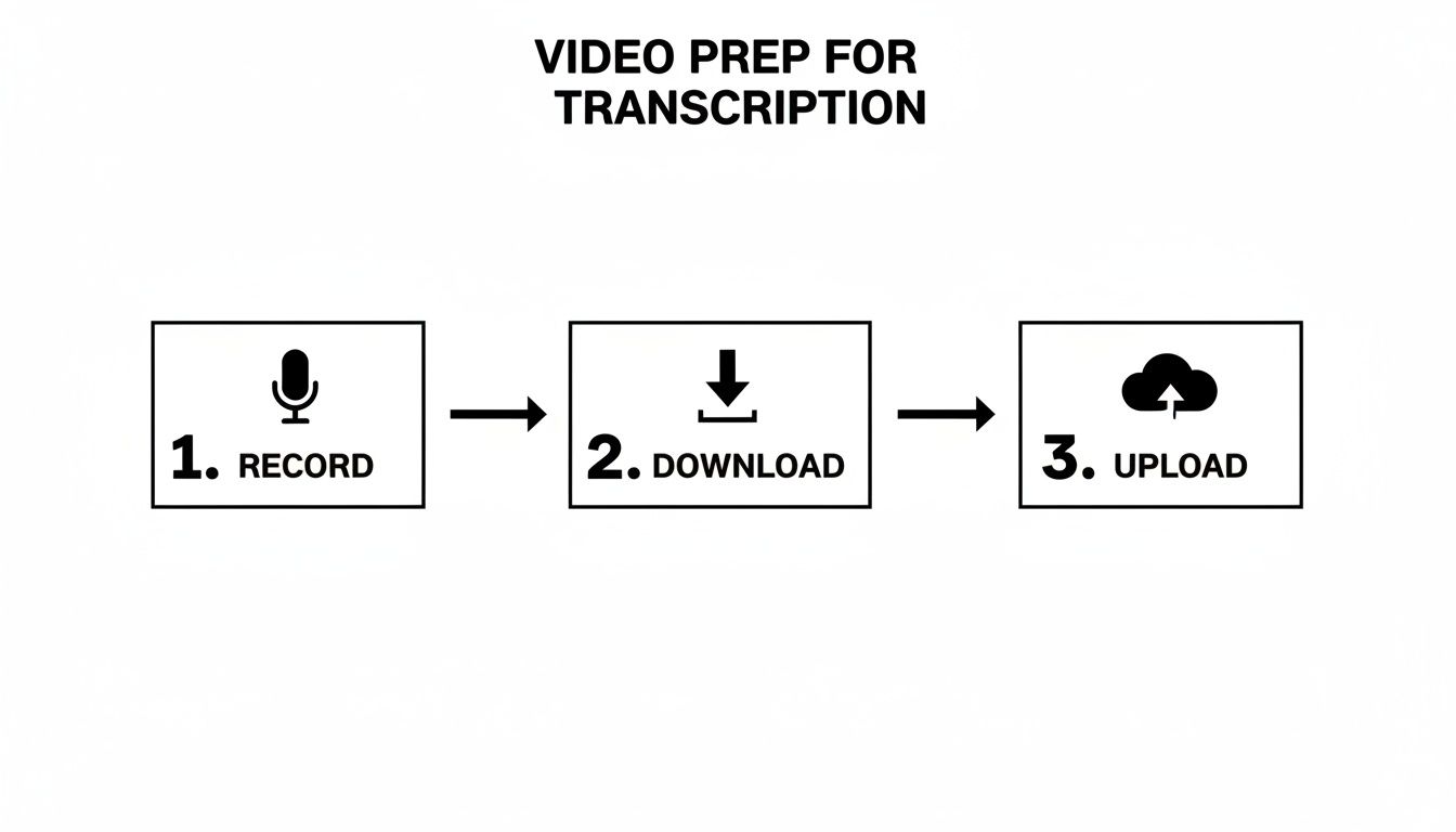 A three-step diagram showing video preparation for transcription: record, download, and upload.