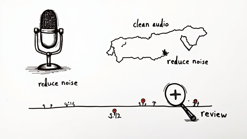 A hand-drawn diagram illustrating audio processing steps: reduce noise, clean audio, and review.