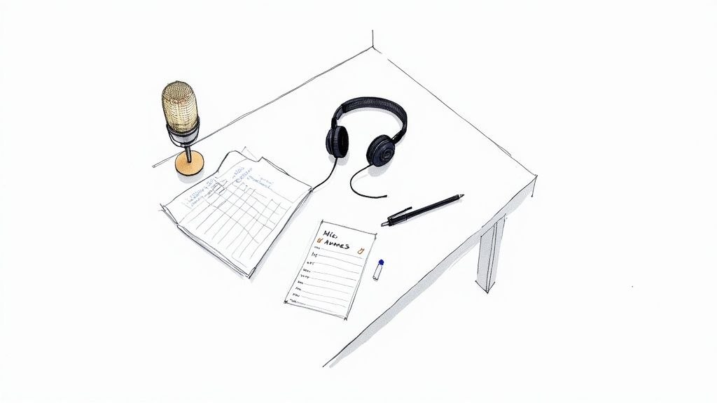 A minimalist drawing of a desk with a microphone, headphones, pen, and papers for transcribing.