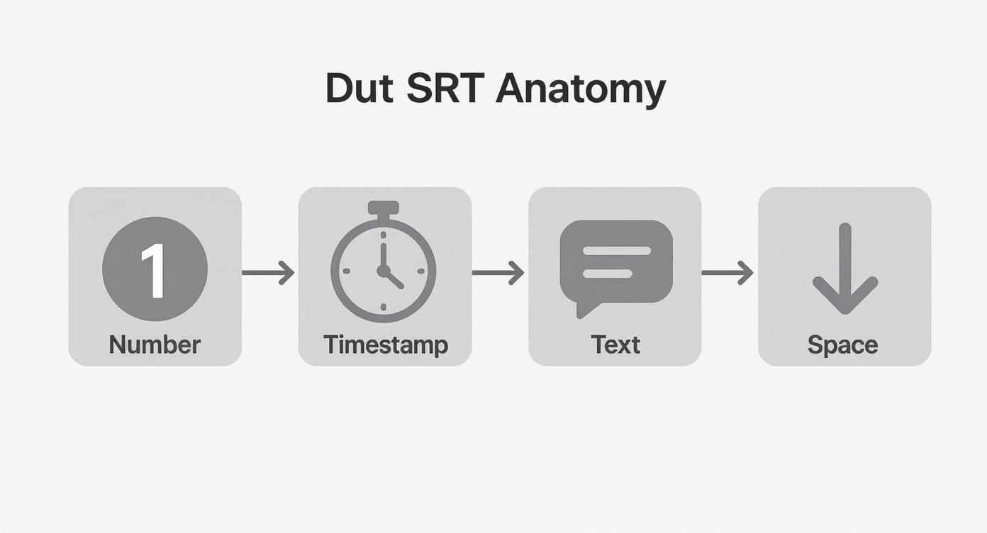 Infographic showing the process flow of an SRT file's anatomy with icons for number, timestamp, text, and space.