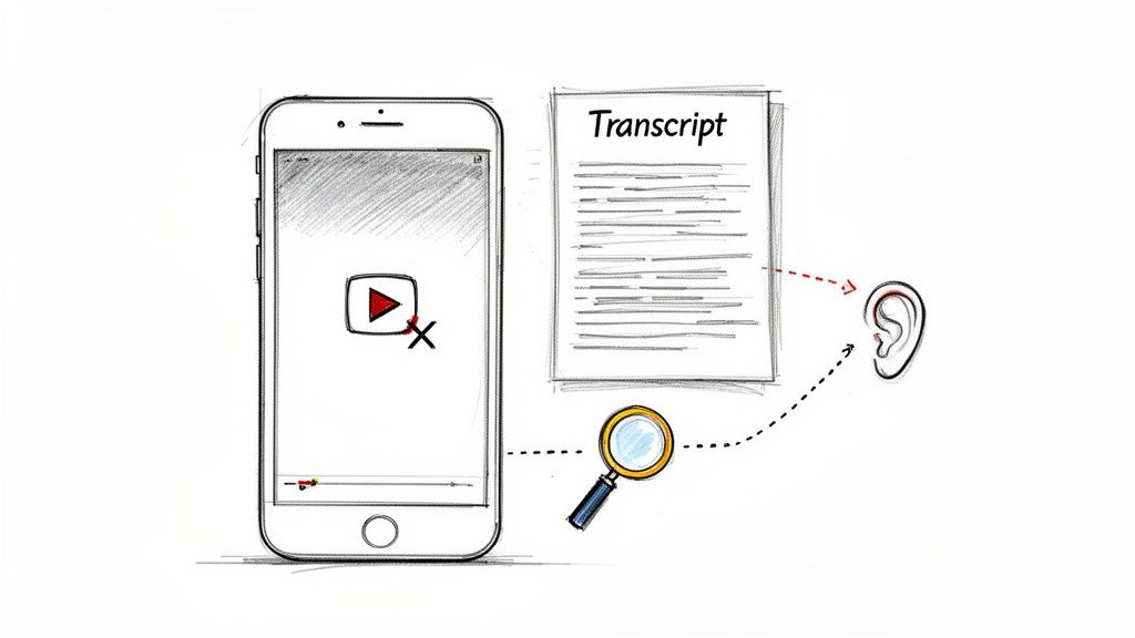 Diagram illustrating video transcription: a phone with crossed-out video, a text transcript, a magnifying glass, and an ear.