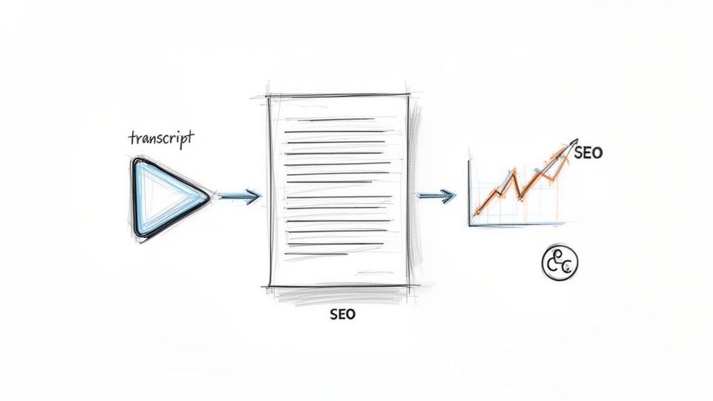 A diagram illustrates how video transcripts are converted into SEO content to improve search visibility.