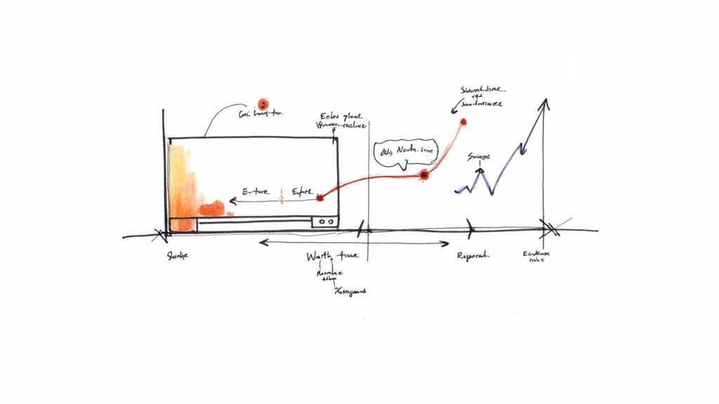 Hand-drawn diagram illustrating a time-based process flow with user interaction steps and performance metrics.