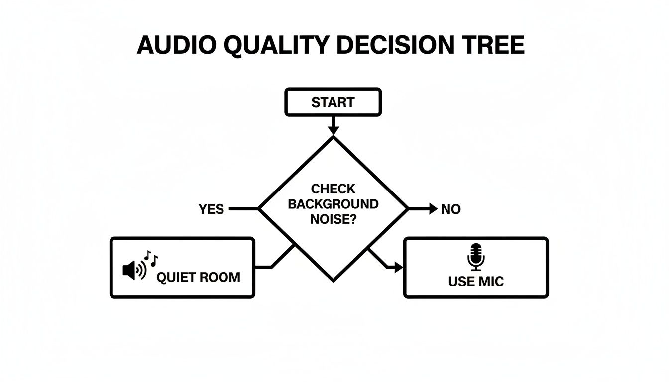 A flowchart showing an audio quality decision tree: start, check background noise, then choose quiet room or use mic.