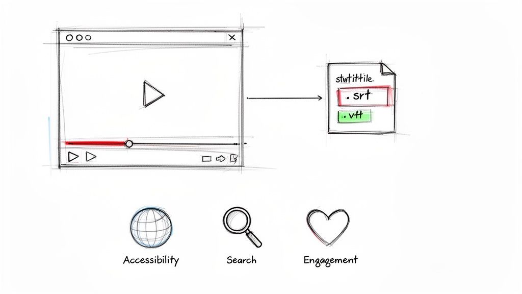 Diagram showing a video player linked to .srt and .vtt subtitle files, improving accessibility, search, and engagement.