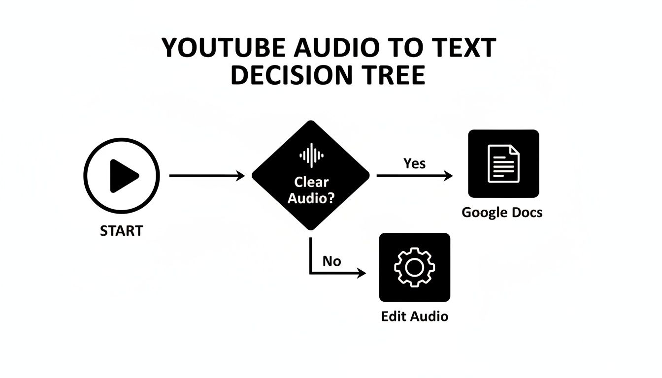 A decision tree flowchart showing steps to transcribe YouTube audio, based on audio clarity.