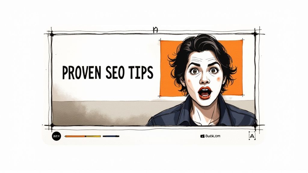 A cartoon video frame titled 'PROVEN SEO TIPS' featuring a surprised woman, ideal for an SEO guide.