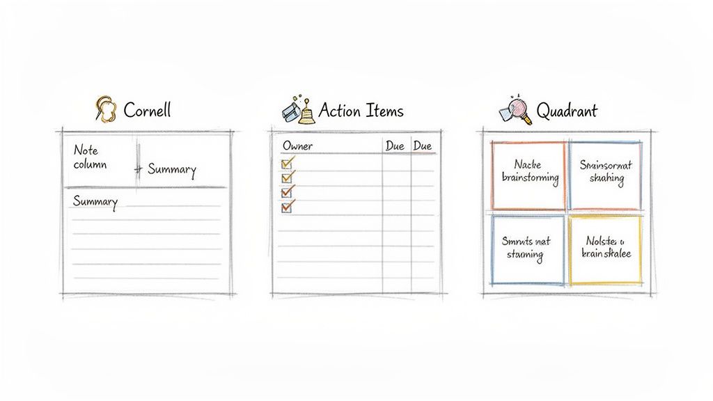 Una guía visual que muestra tres métodos organizativos diferentes: notas Cornell, elementos de acción y diseño de cuadrante.