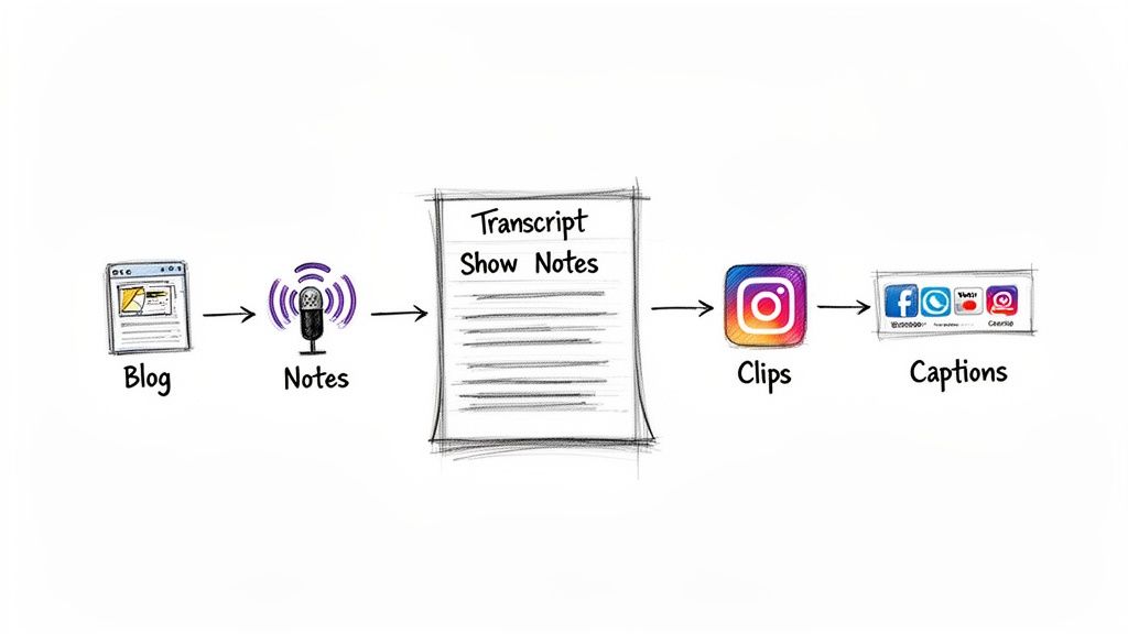 Content workflow diagram showing how a blog post is converted into podcast notes, a transcript, social media clips, and captions.