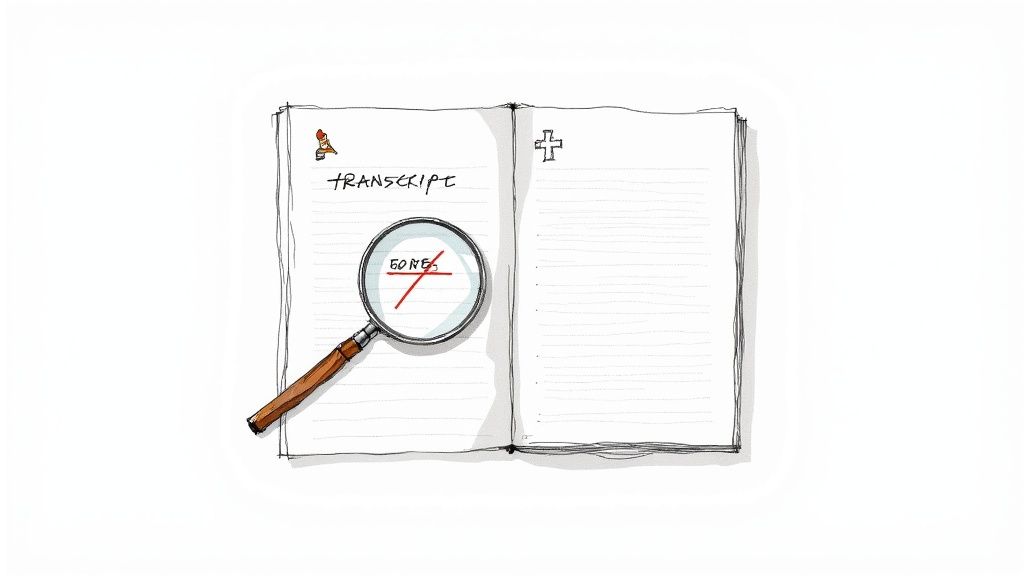 Magnifying glass examining word 'error' crossed out in red on transcript document