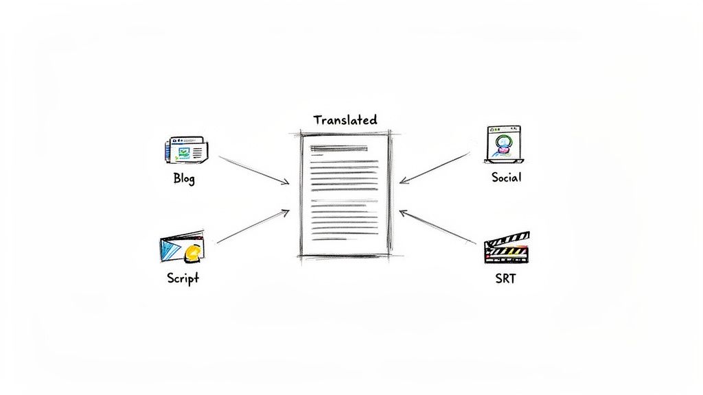 A diagram illustrating the translation of various content types: Blog, Script, Social, and SRT, into a single document.