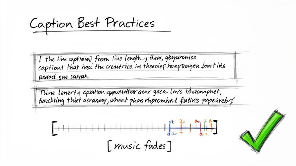Handwritten notes illustrating caption best practices with a timeline and a positive checkmark.