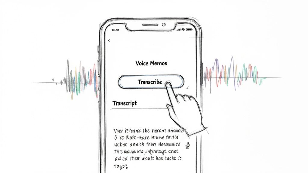 A sketch of a hand pressing a 'Transcribe' button on a smartphone with 'Voice Memos'.