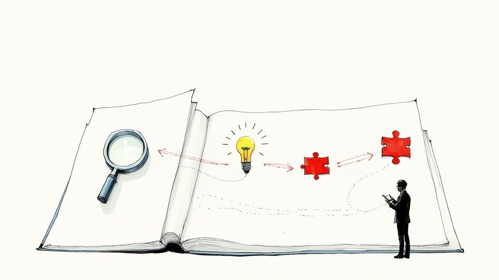 Conceptual illustration of problem-solving with research, idea generation, and solution assembly on an open book.